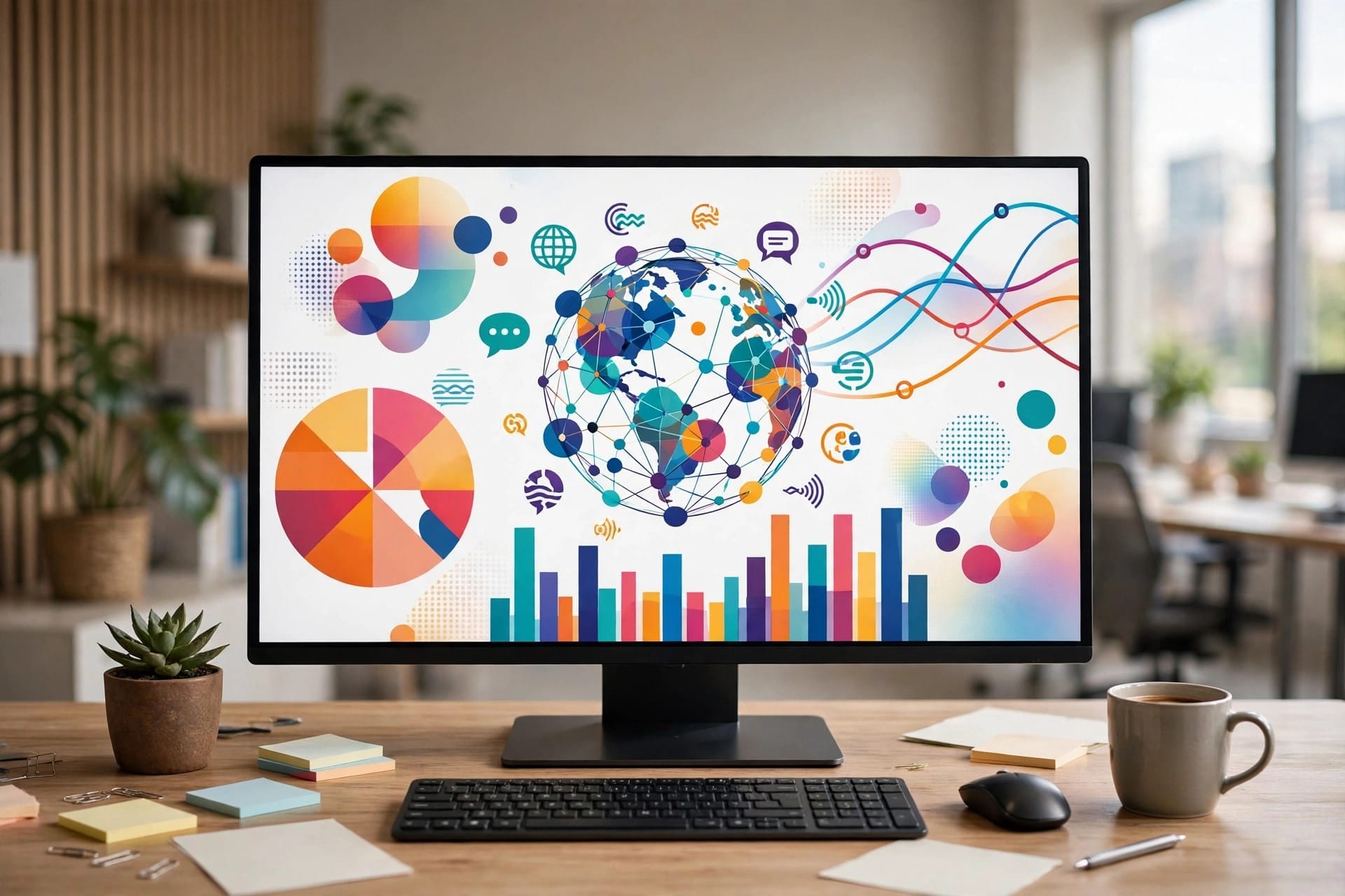 Advertising dashboard screen showing colourful campaign charts and a connected world map