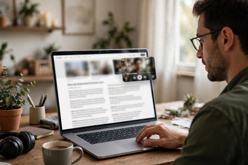 Person watching a picture-in-picture video floating over a news article on a laptop