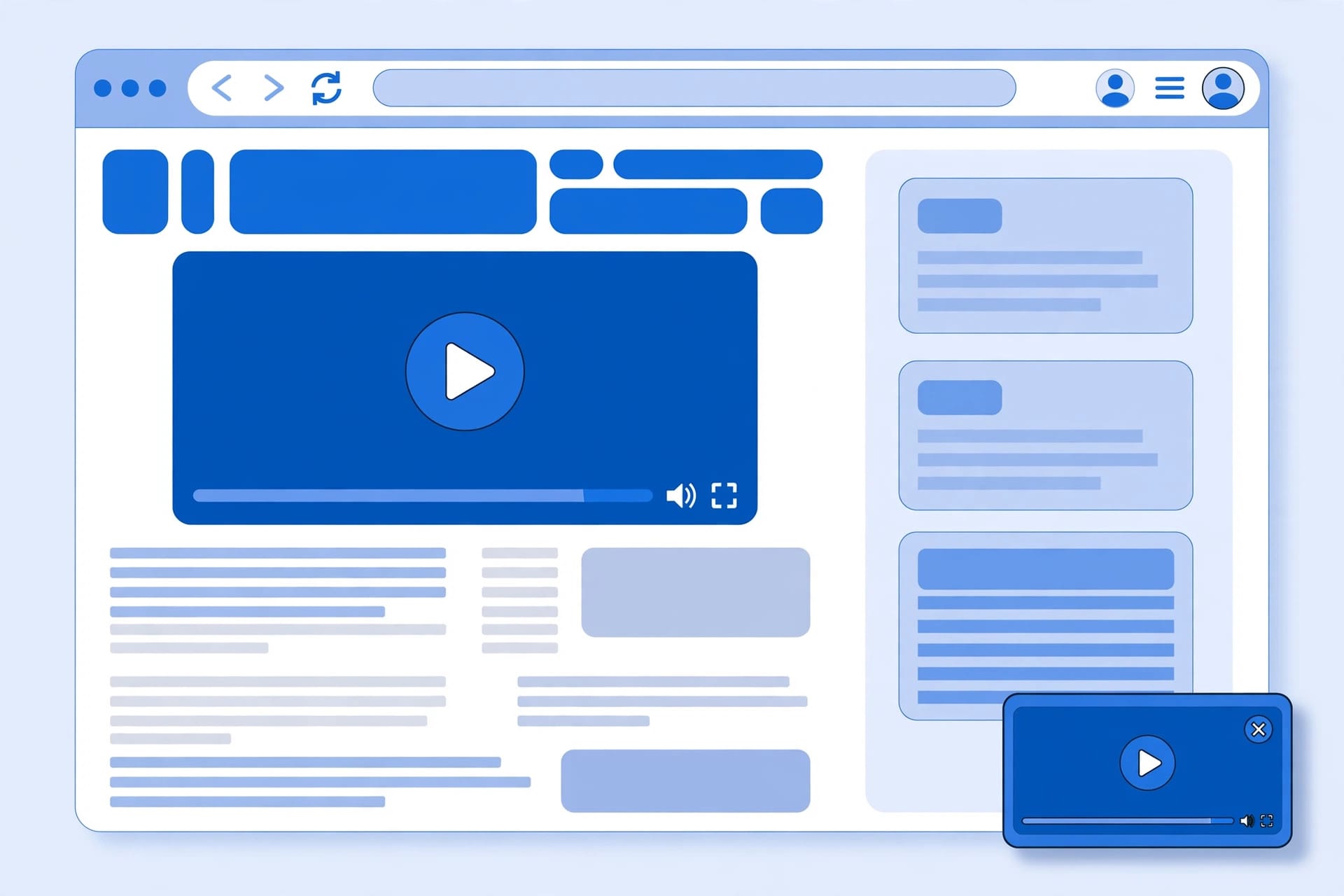 Web article page with an embedded video player and a small sticky floating video window in the corner