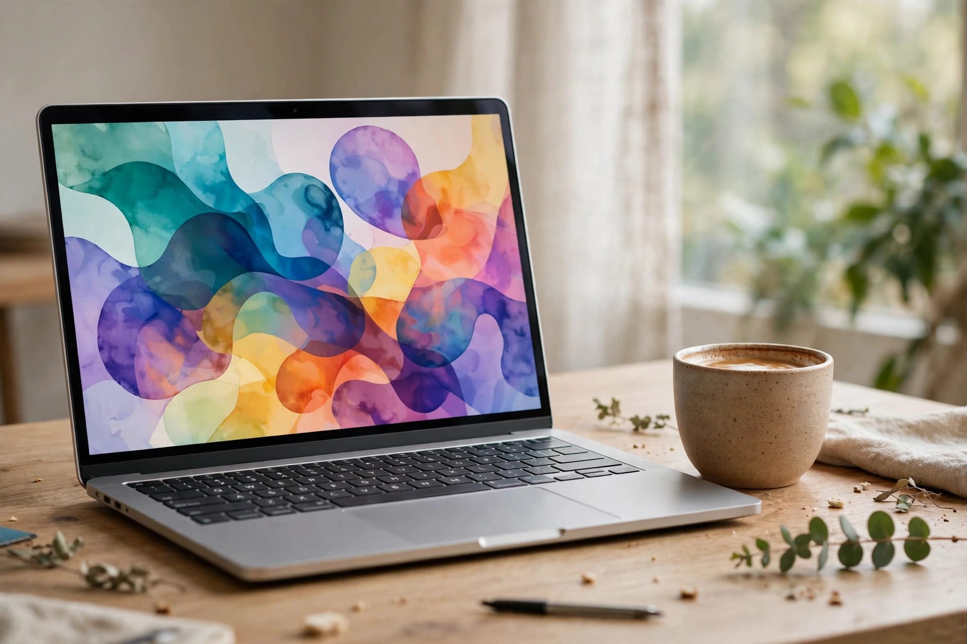 A laptop showing abstract shapes beside a coffee cup