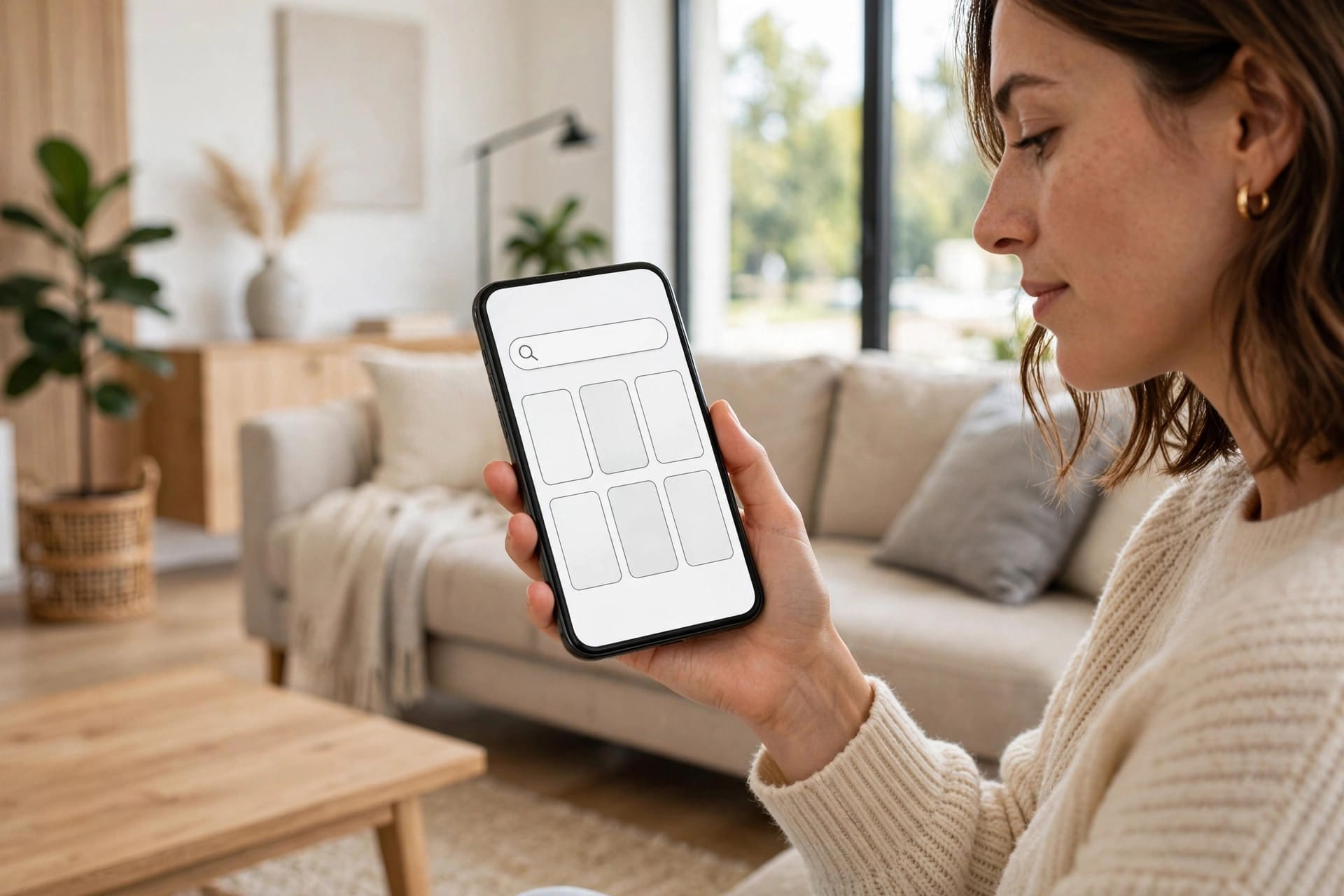 A person holding a phone showing blank search result tiles