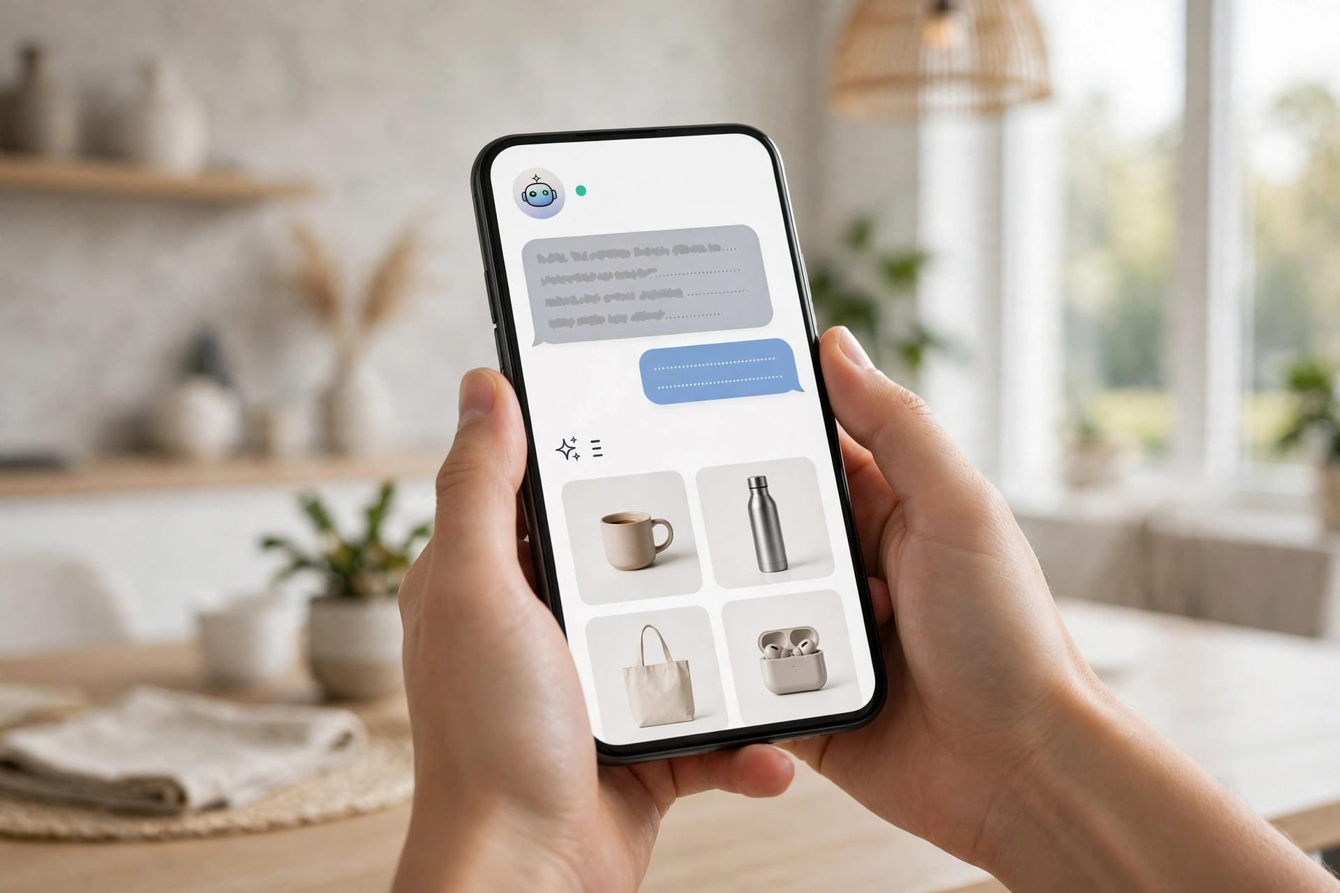 Hands holding a phone showing a search assistant answering a shopping question with product tiles below