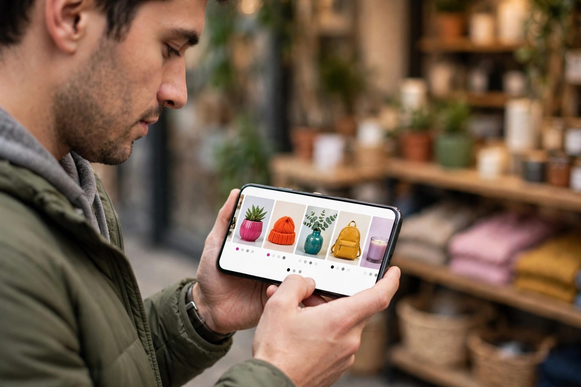 A person shopping on a smartphone showing colourful product photos in a carousel layout