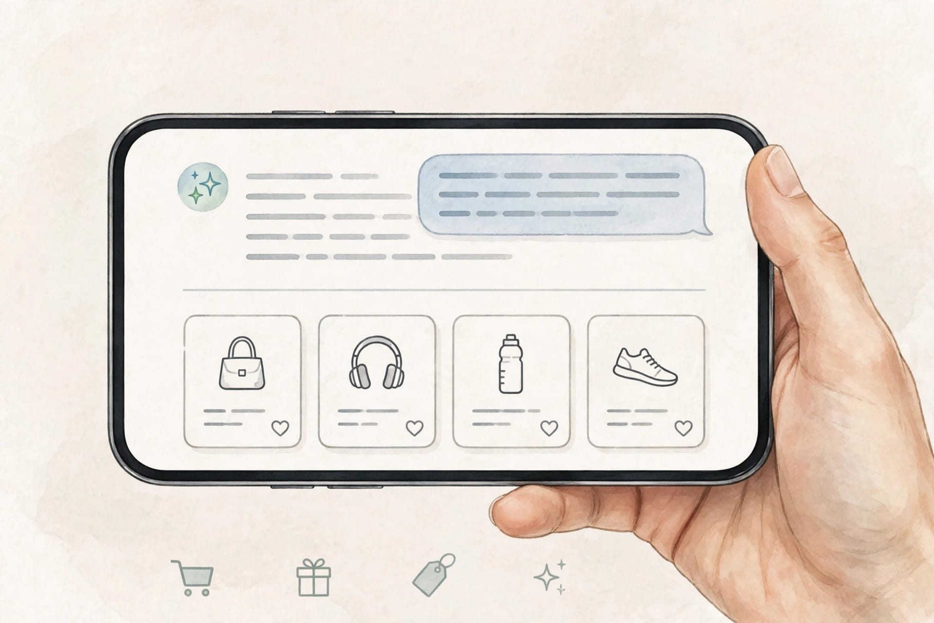 Hand holding a phone showing an AI chat answer above a row of product cards