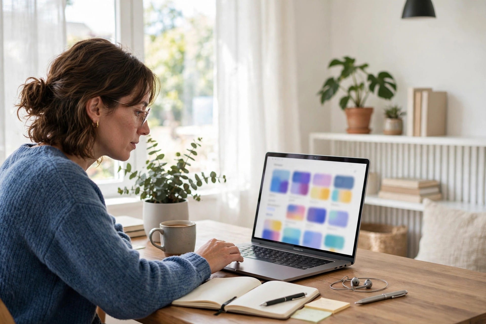 A person using a laptop showing an abstract search results page in a bright home office