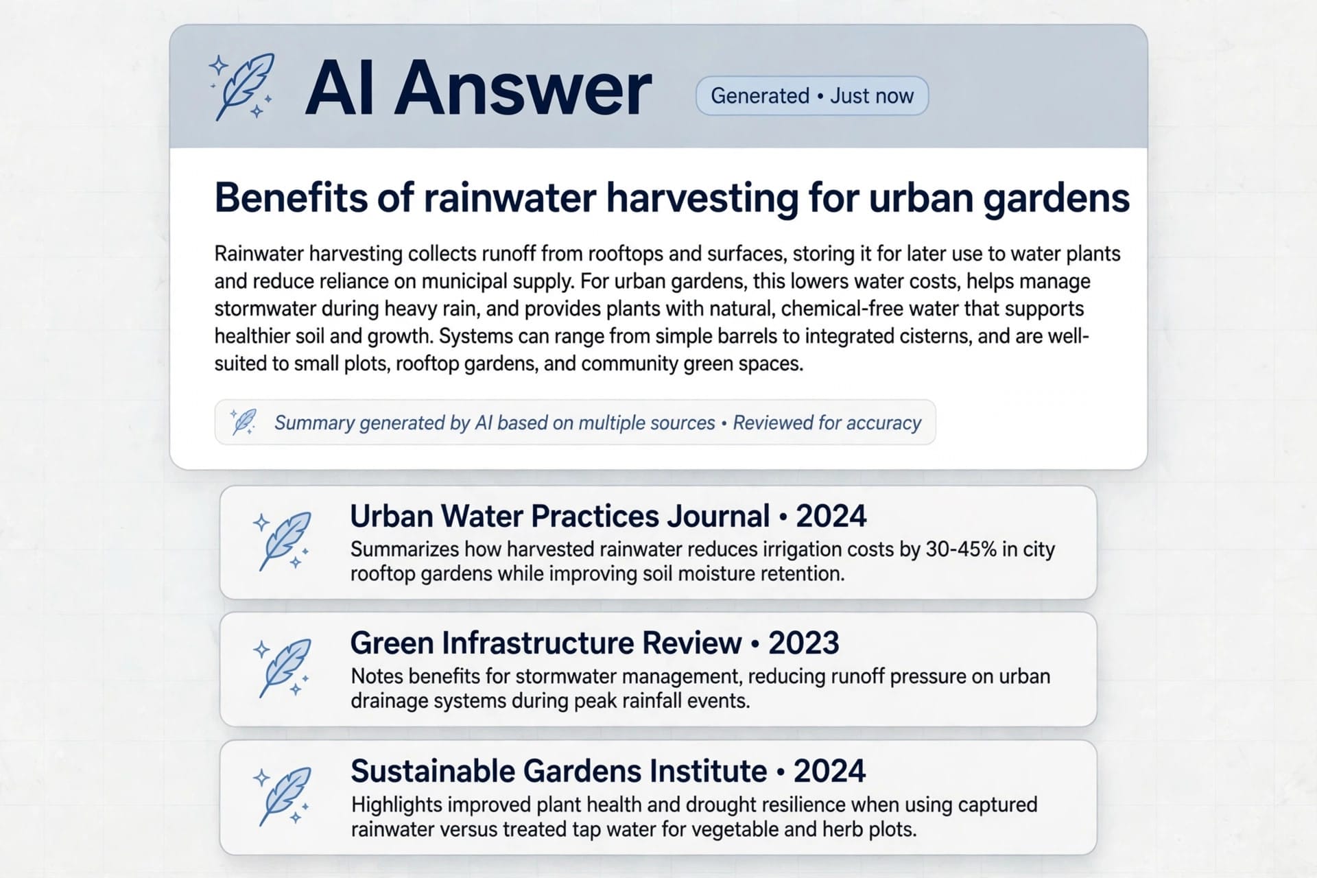 Stacked citation cards under an AI-generated search answer, each carrying a short AI-written summary of its linked source