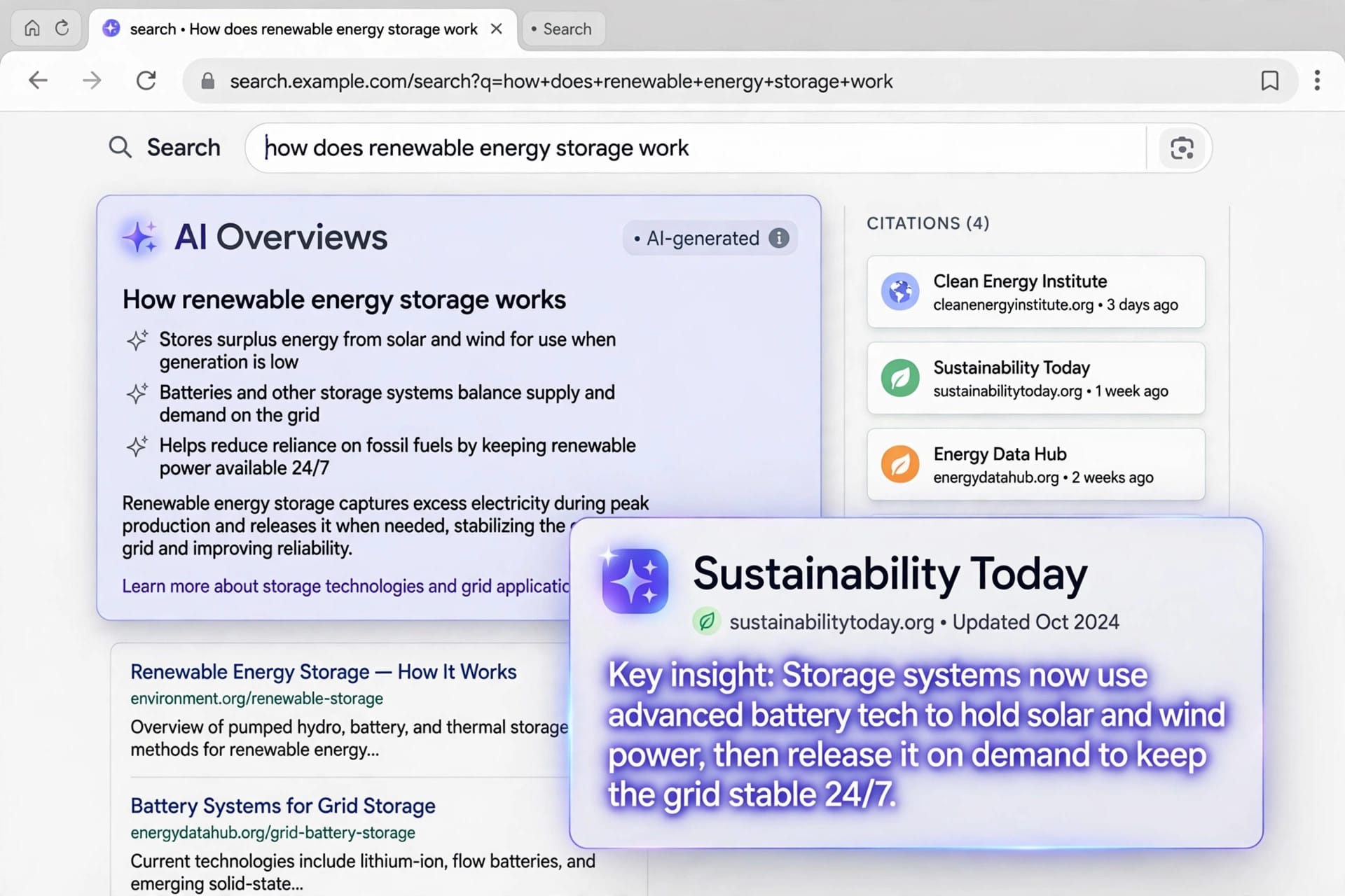 Google AI Overviews citation cards beside a search answer, with an AI-generated summary description highlighted on one card
