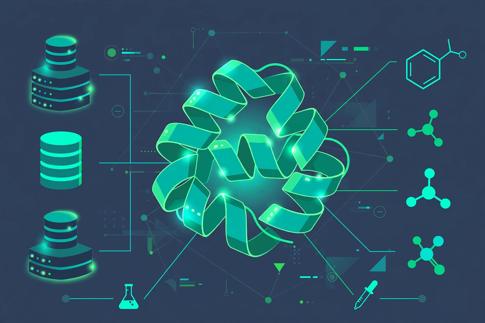 Illustration of a protein structure connected to life-science databases, representing the AlphaGenome and AlphaFold data Antigravity agents can query