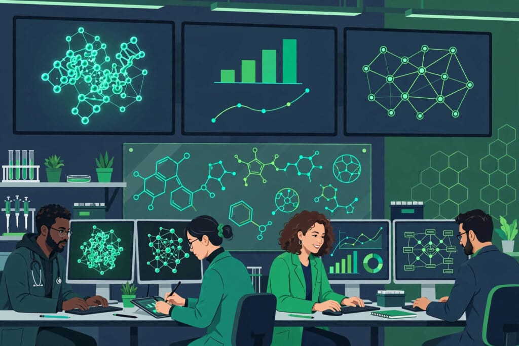 Illustration of scientists in a research laboratory using Google Antigravity with Gemini 4 Argon on their workstations