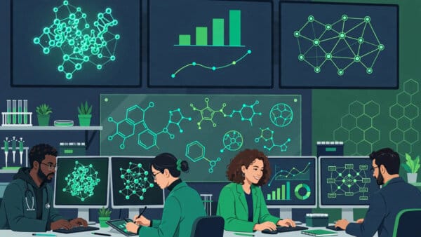 Illustration of scientists in a research laboratory using Google Antigravity with Gemini 4 Argon on their workstations