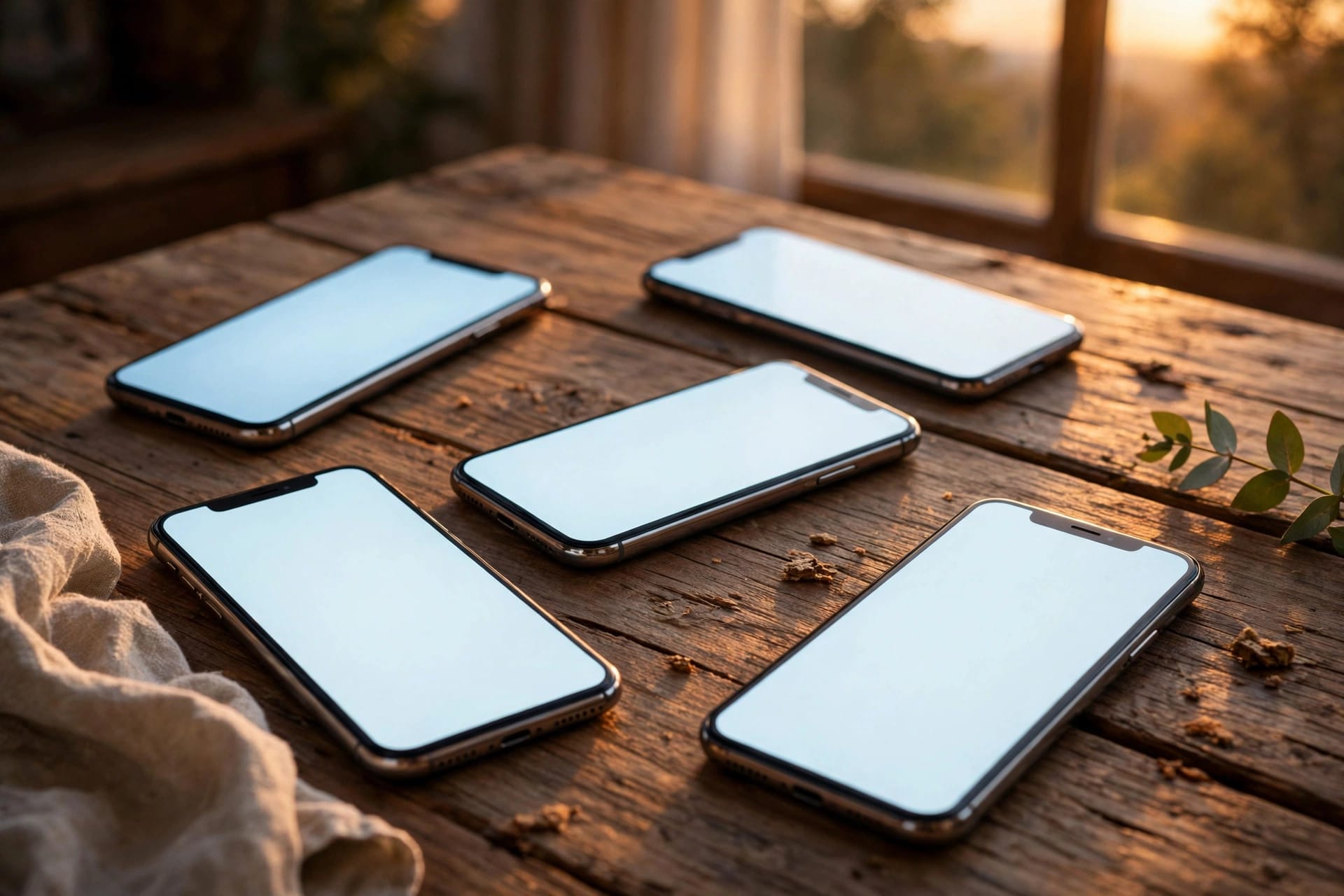 Smartphones with blank screens on a wooden table