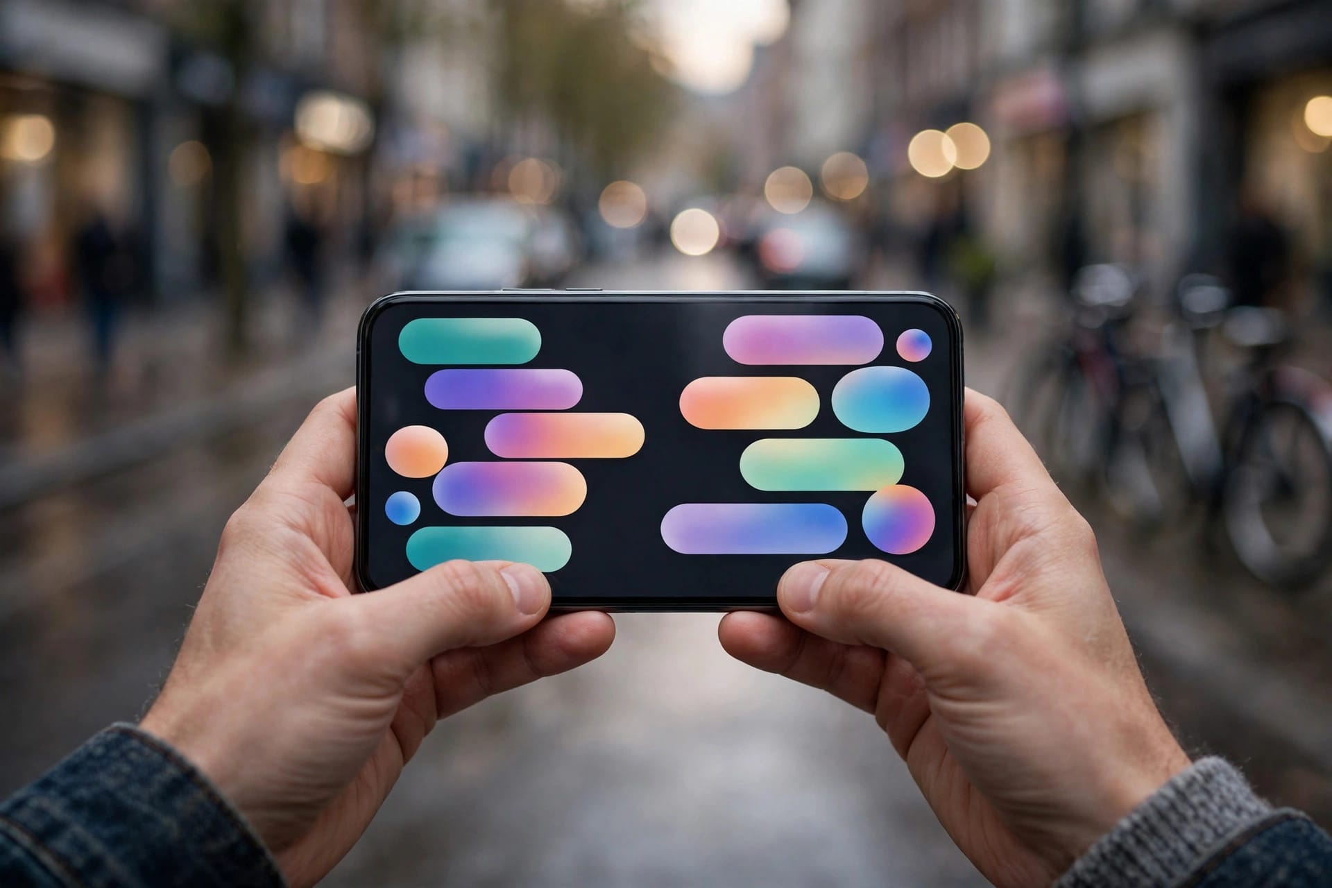 Hands holding a smartphone showing a blank chat screen against a blurred city street