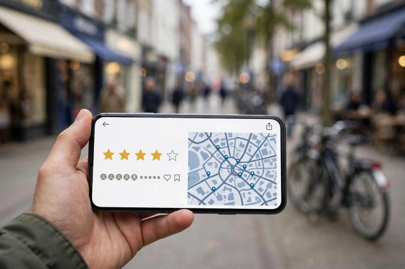 Smartphone displaying a local business profile with review stars and ratings beside a city map