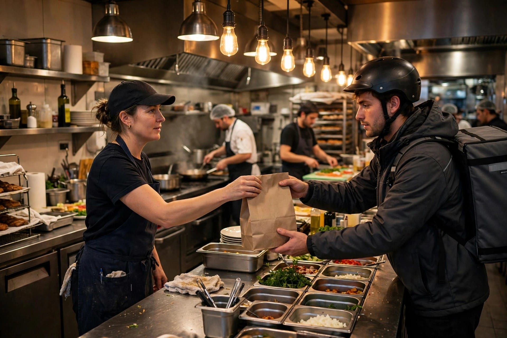 Restaurant worker handing a food order bag to a delivery courier at a pickup counter