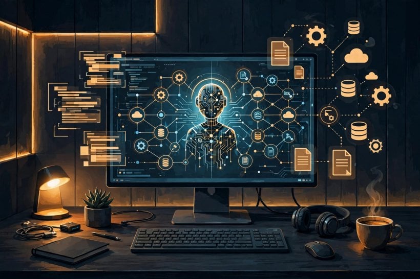 Illustration of a developer monitor showing an AI agent building an automated workflow of connected nodes, representing the full Claude platform features now available on Google Cloud