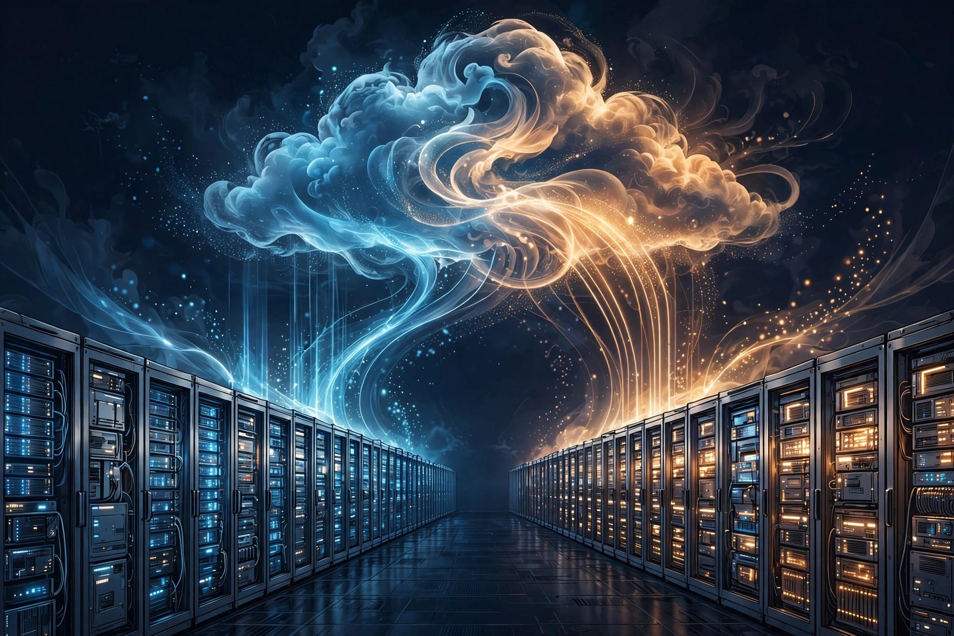 Illustration of a cloud data centre with glowing server racks and light streams flowing into cloud shapes, representing Claude models running on Google Cloud through the new Anthropic-managed deployment option