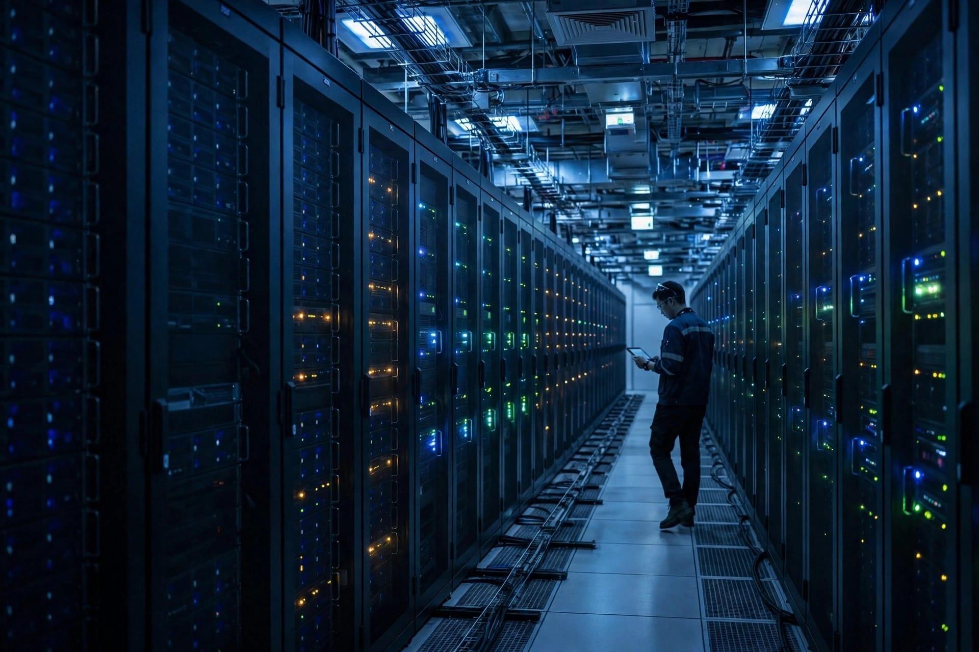 Server racks in a London cloud data centre coming back online row by row as Google Cloud services recovered from the outage