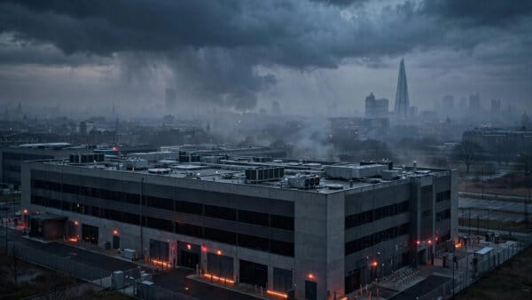 A Google Cloud data centre near London darkened at dusk after the power event that disrupted UK banks and public services