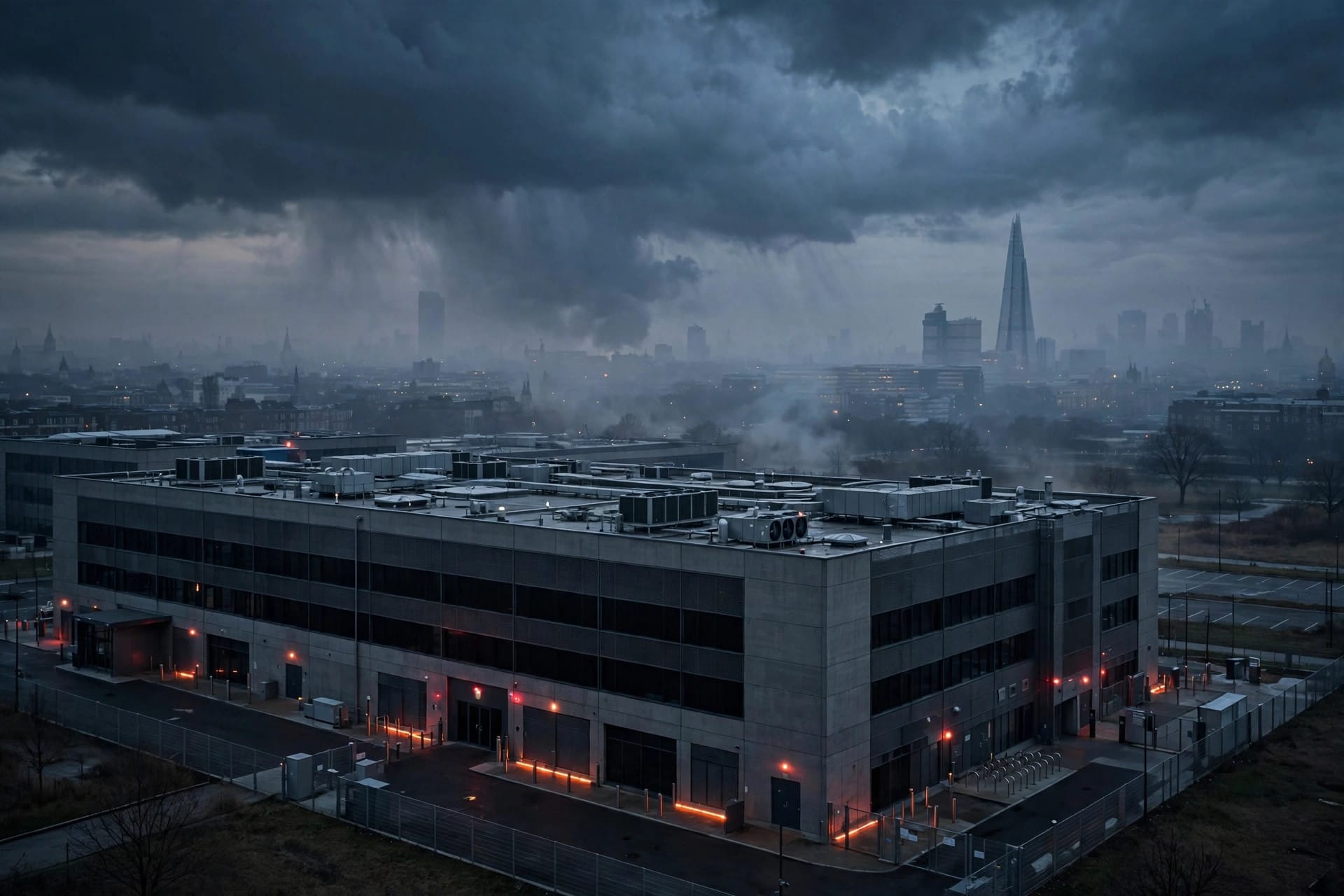 A Google Cloud data centre near London darkened at dusk after the power event that disrupted UK banks and public services