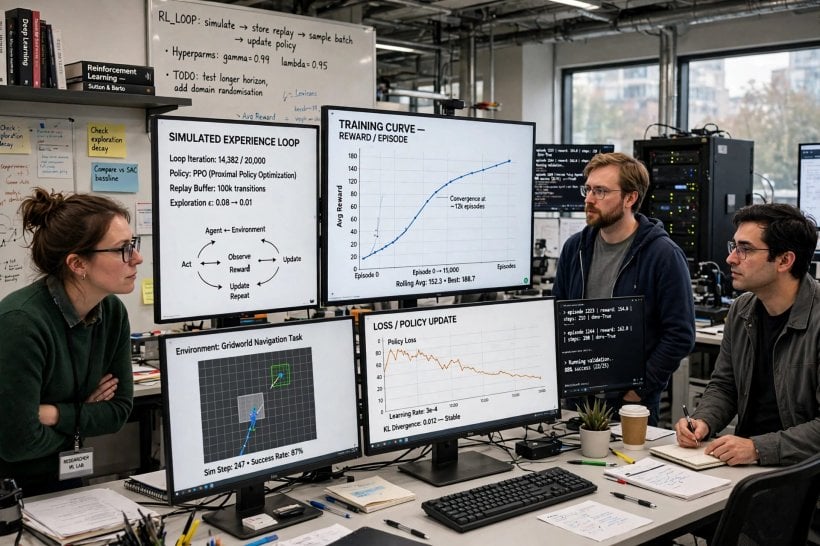 Reinforcement learning lab screens showing an AI agent improving through repeated experience on A5X infrastructure