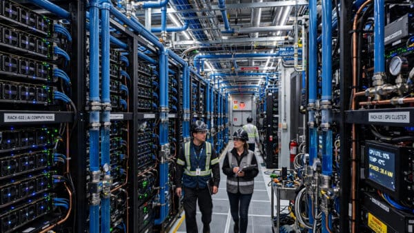 Rack-scale Vera Rubin AI supercomputer installation in a Google Cloud data centre with liquid cooling