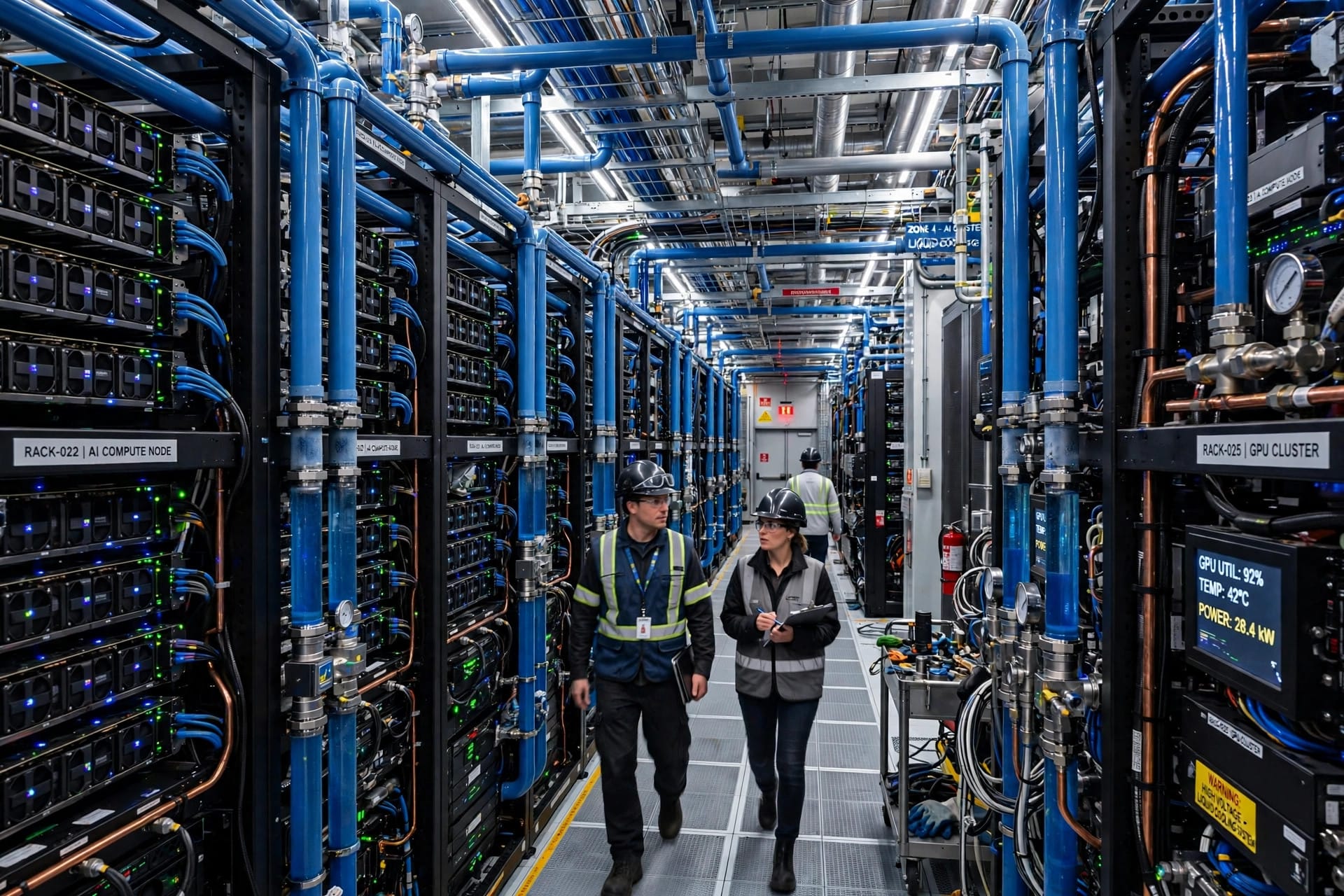 Rack-scale Vera Rubin AI supercomputer installation in a Google Cloud data centre with liquid cooling