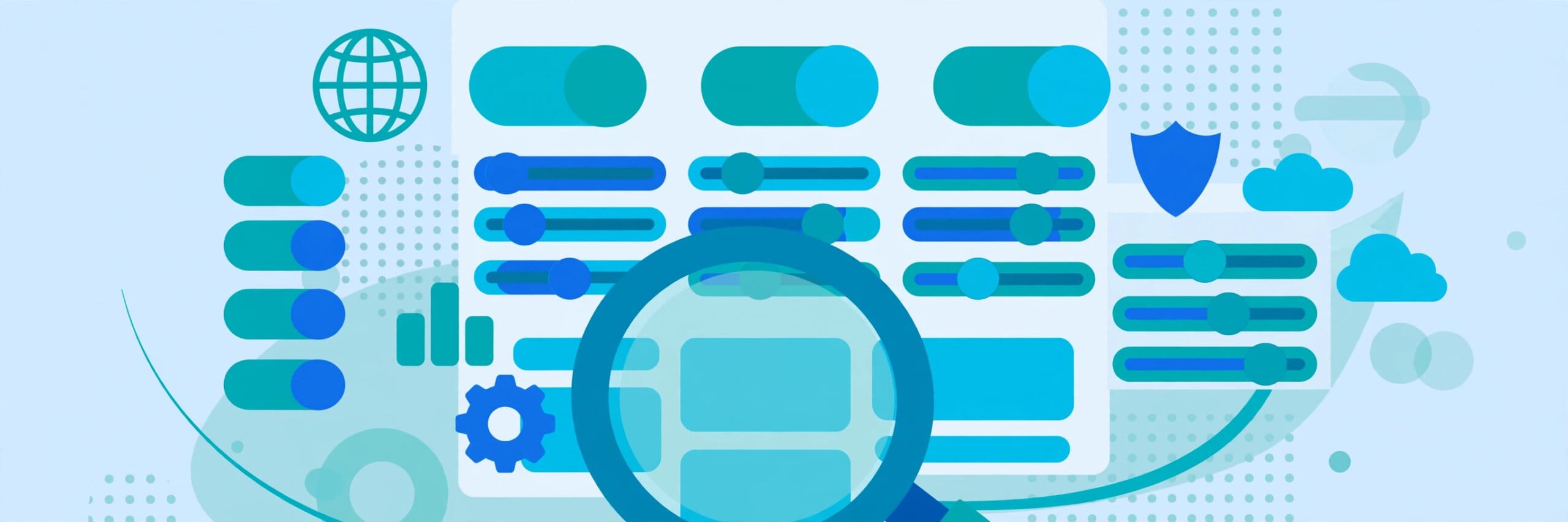 Concept illustration of website content controls for Google Search with toggle switches, a shield and a magnifying glass