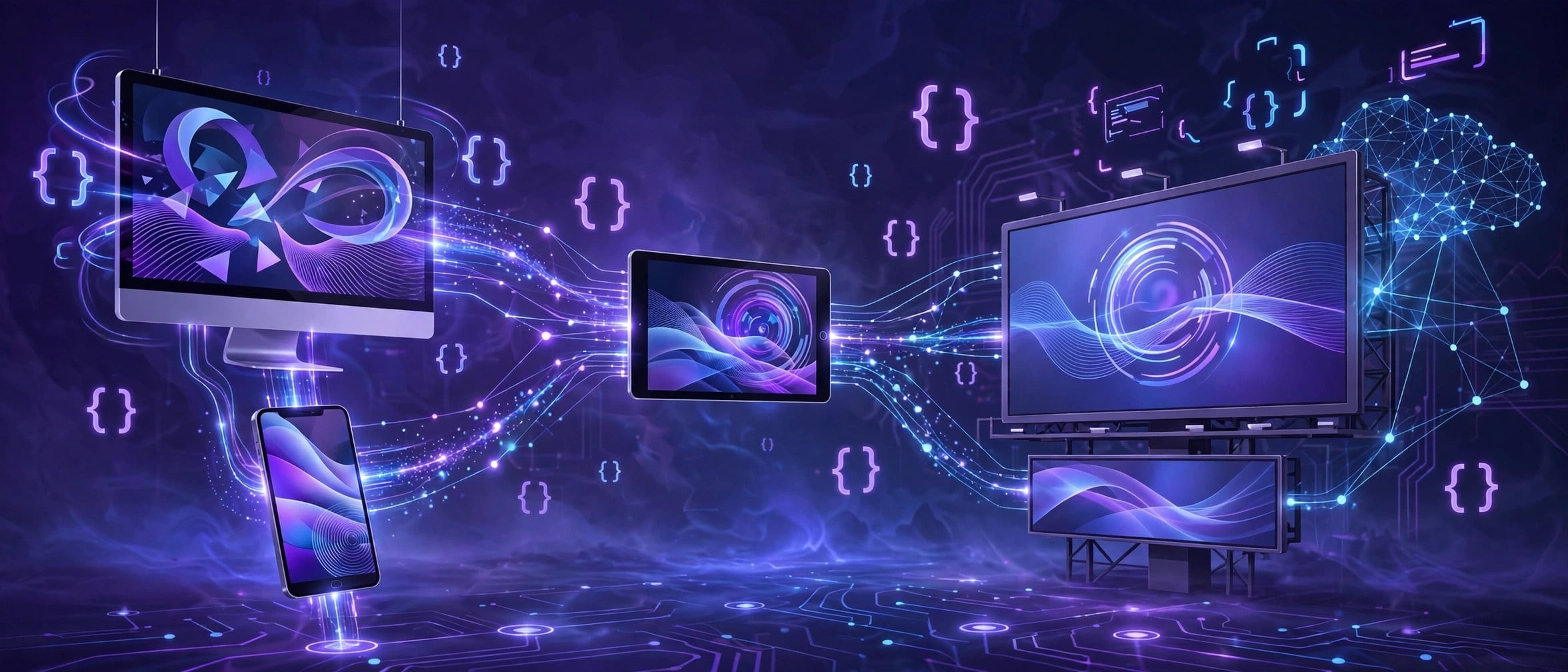 Display and Video 360 API v5 concept: connected screens with video ads and data streams between them