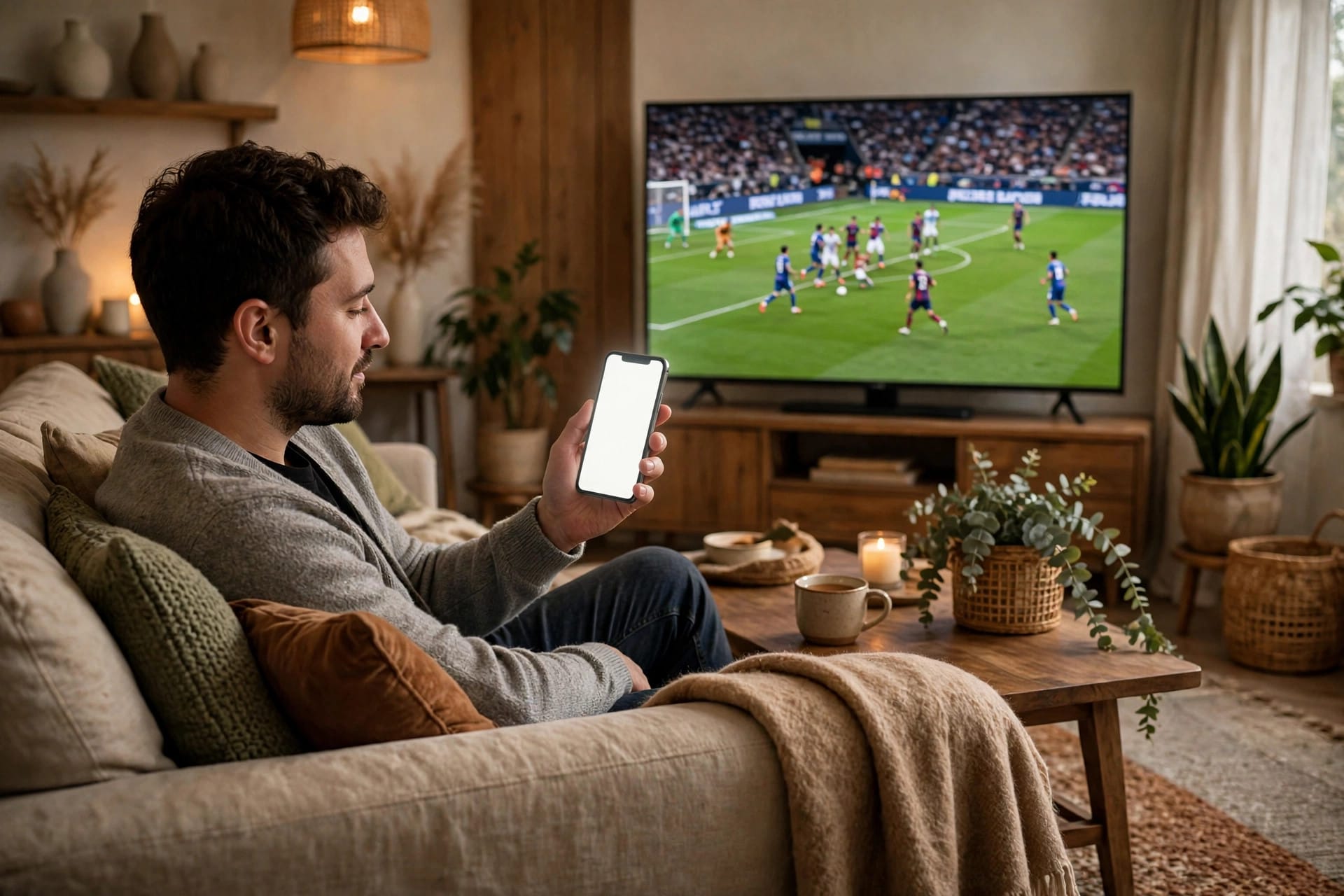 A fan on a sofa holding a phone with a blank screen while a sports game plays on television
