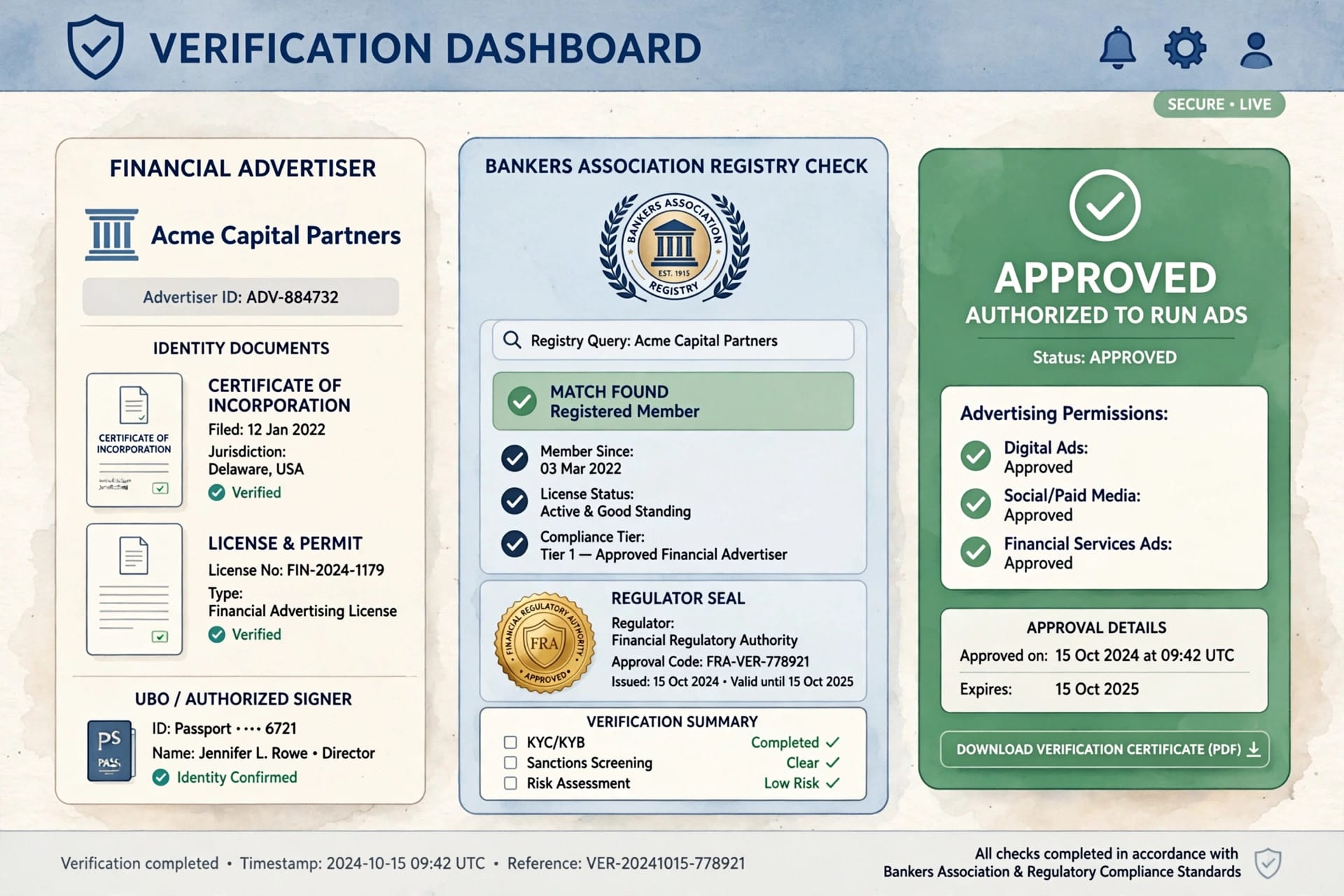 Dashboard checking a financial advertiser against a bankers registry for Google Financial Services Verification approval