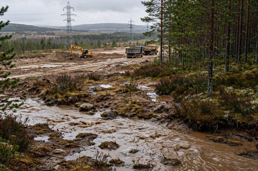 Ground works and power lines at the edge of a cleared Finnish forest site being prepared for a Google data centre in northern Finland