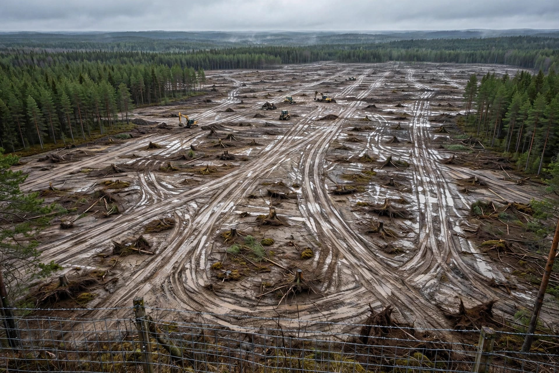 Aerial view of the cleared forest at Muhos in northern Finland, where Google felled an estimated 250,000 trees for a data centre before environmental assessments
