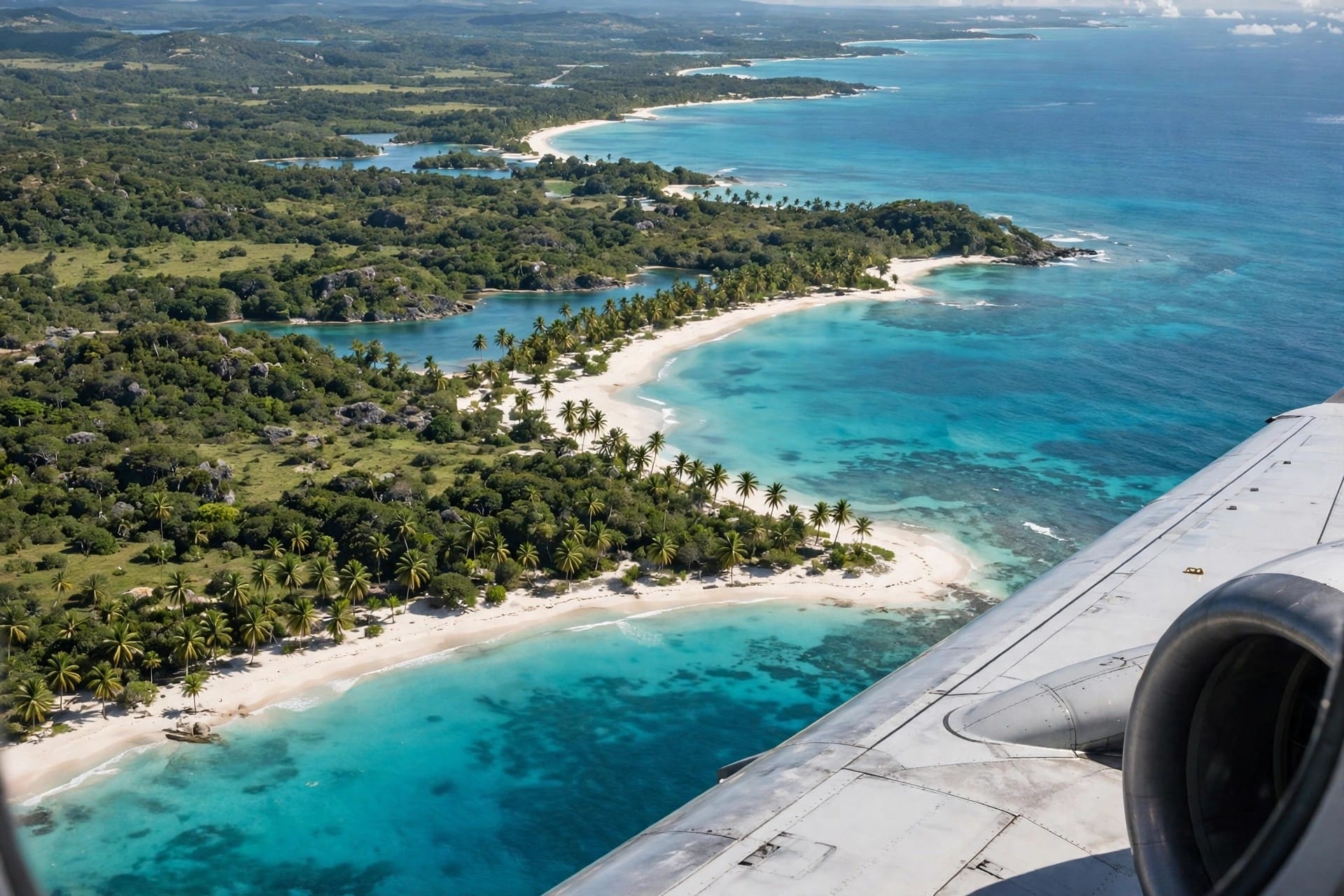 Aerial view of a tropical coastline with turquoise water, white sand and palm trees