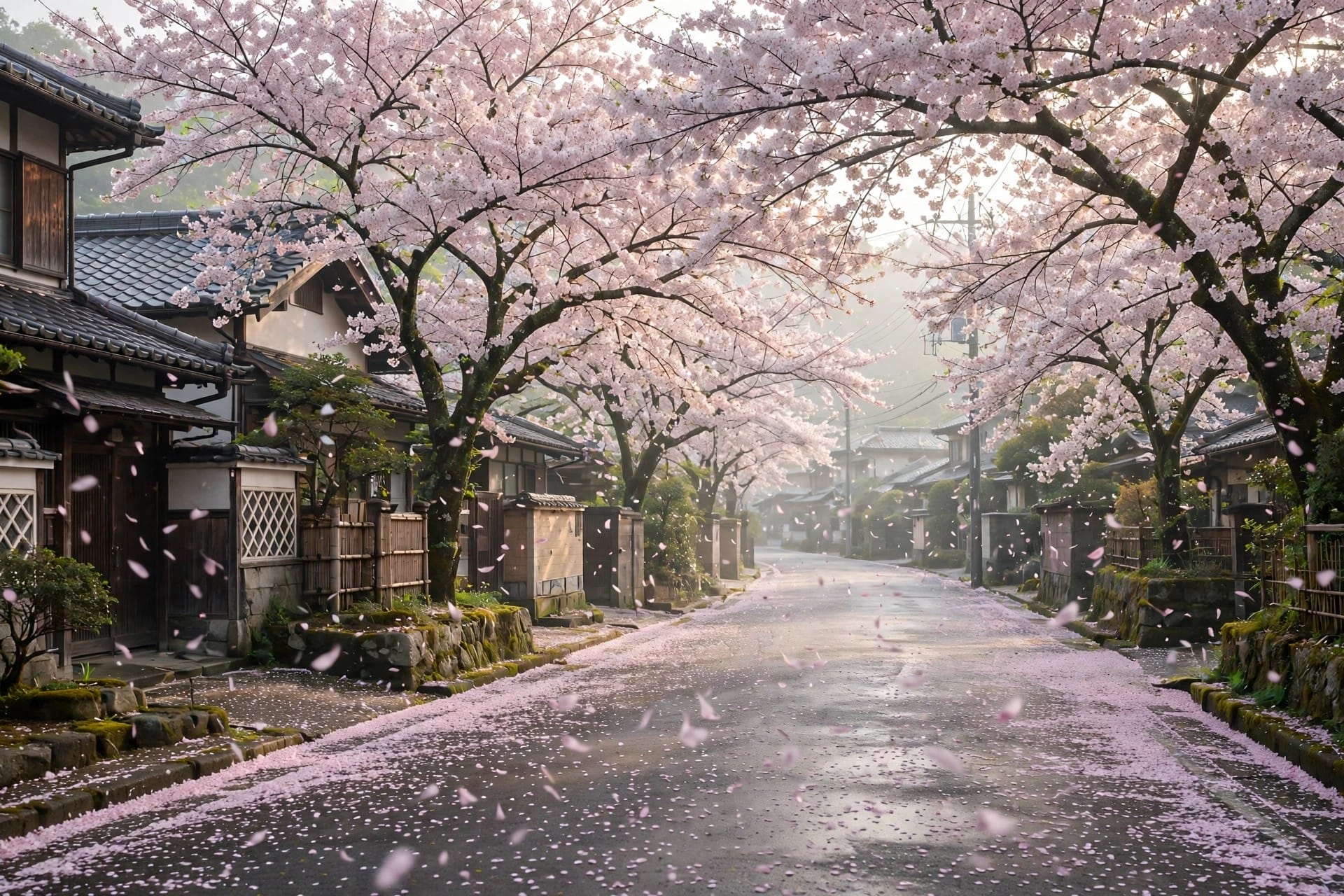 Quiet street in Japan lined with cherry blossom trees in full bloom