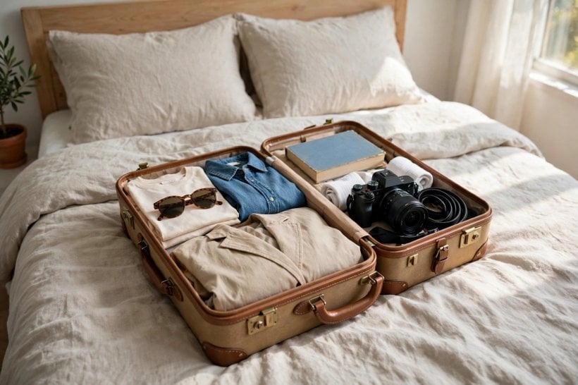 Open suitcase on a bed neatly packed for a weekend trip