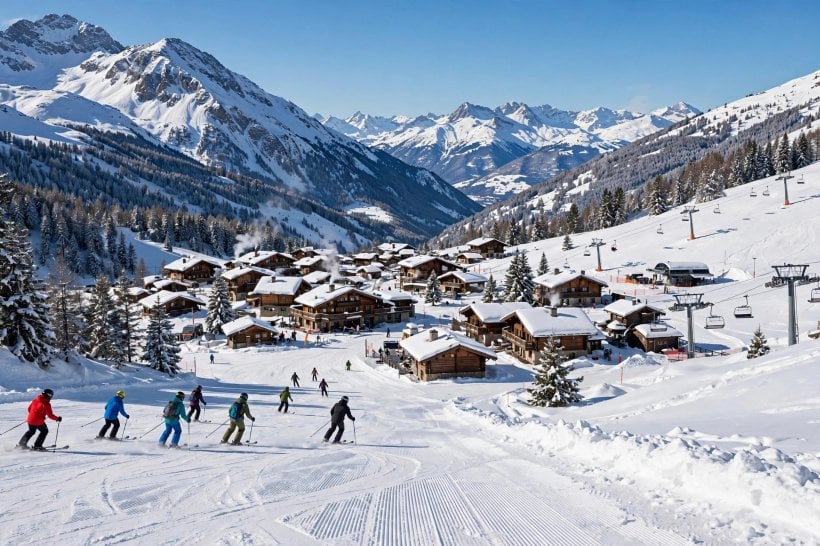 Snowy mountain ski resort village with skiers on groomed slopes and wooden chalets