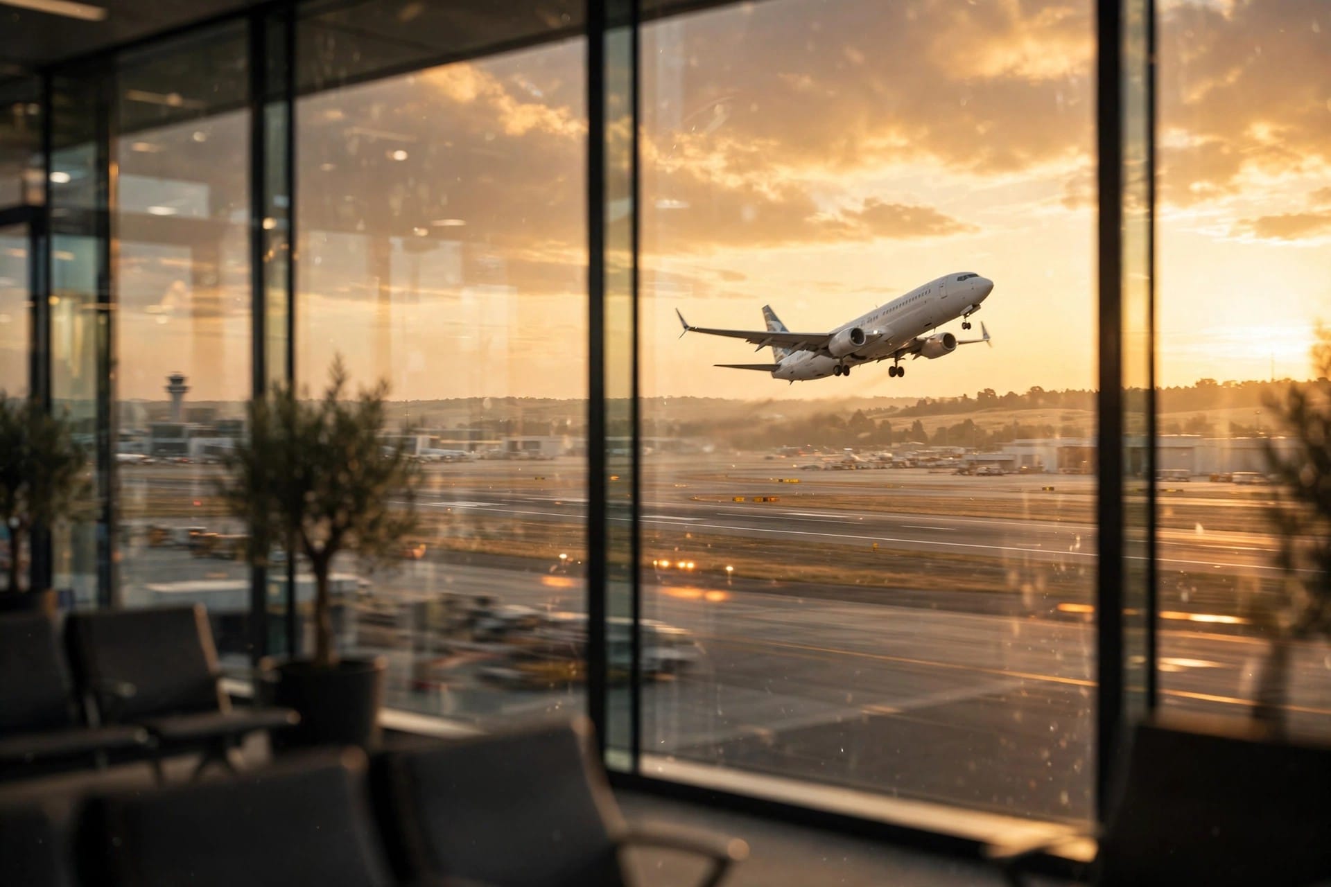 Commercial airplane taking off from a runway at golden hour, seen from the terminal