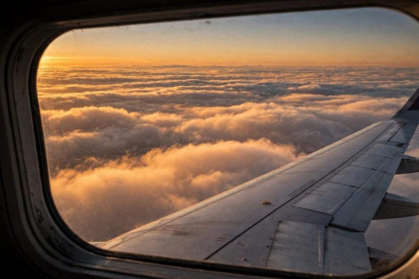 View from an airplane window over golden sunset clouds with a wing in the foreground
