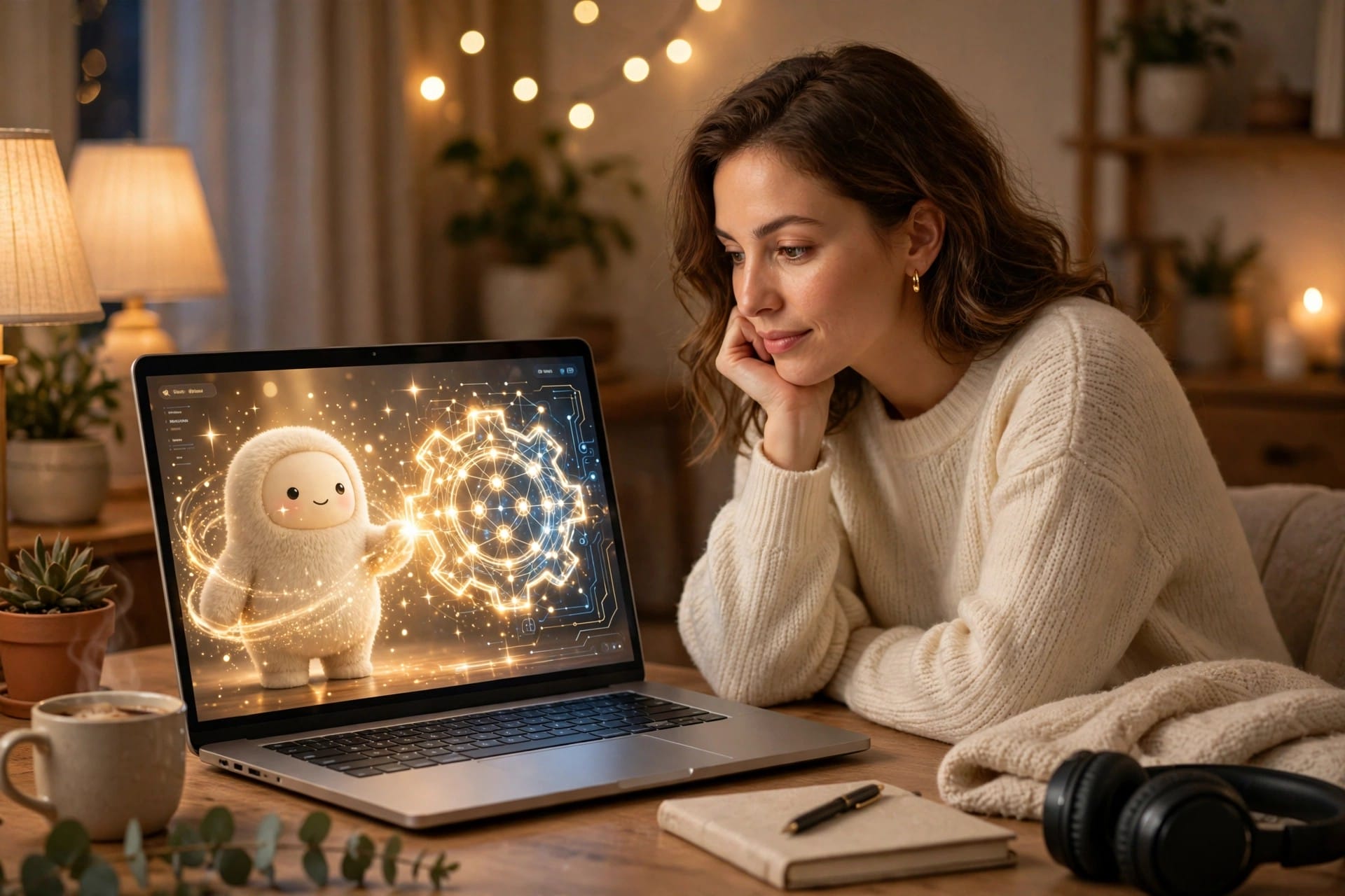 Woman watching a friendly AI character transform into a glowing skill on a laptop screen