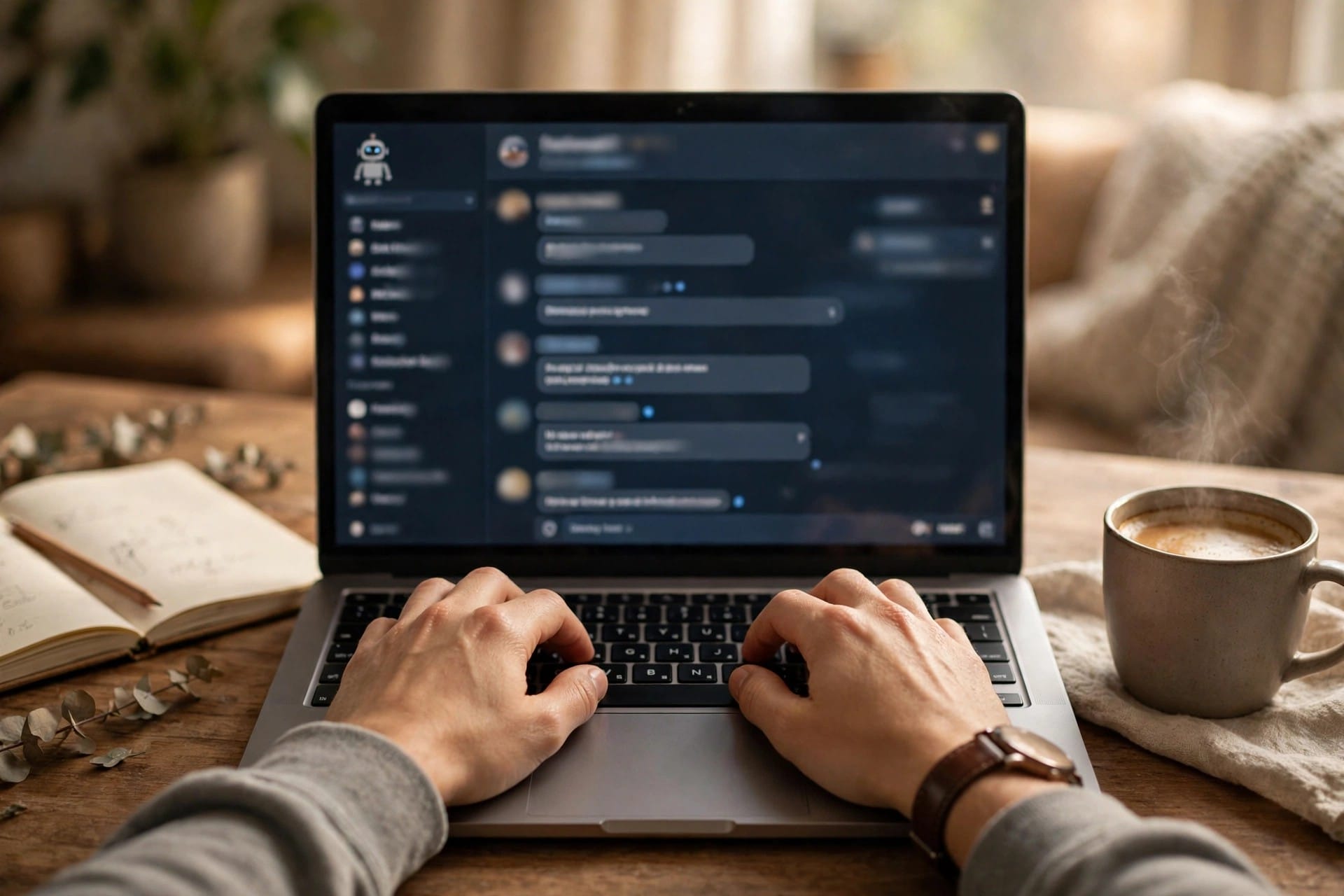 Hands typing on a laptop with a custom AI assistant chat open, notebook and coffee beside it