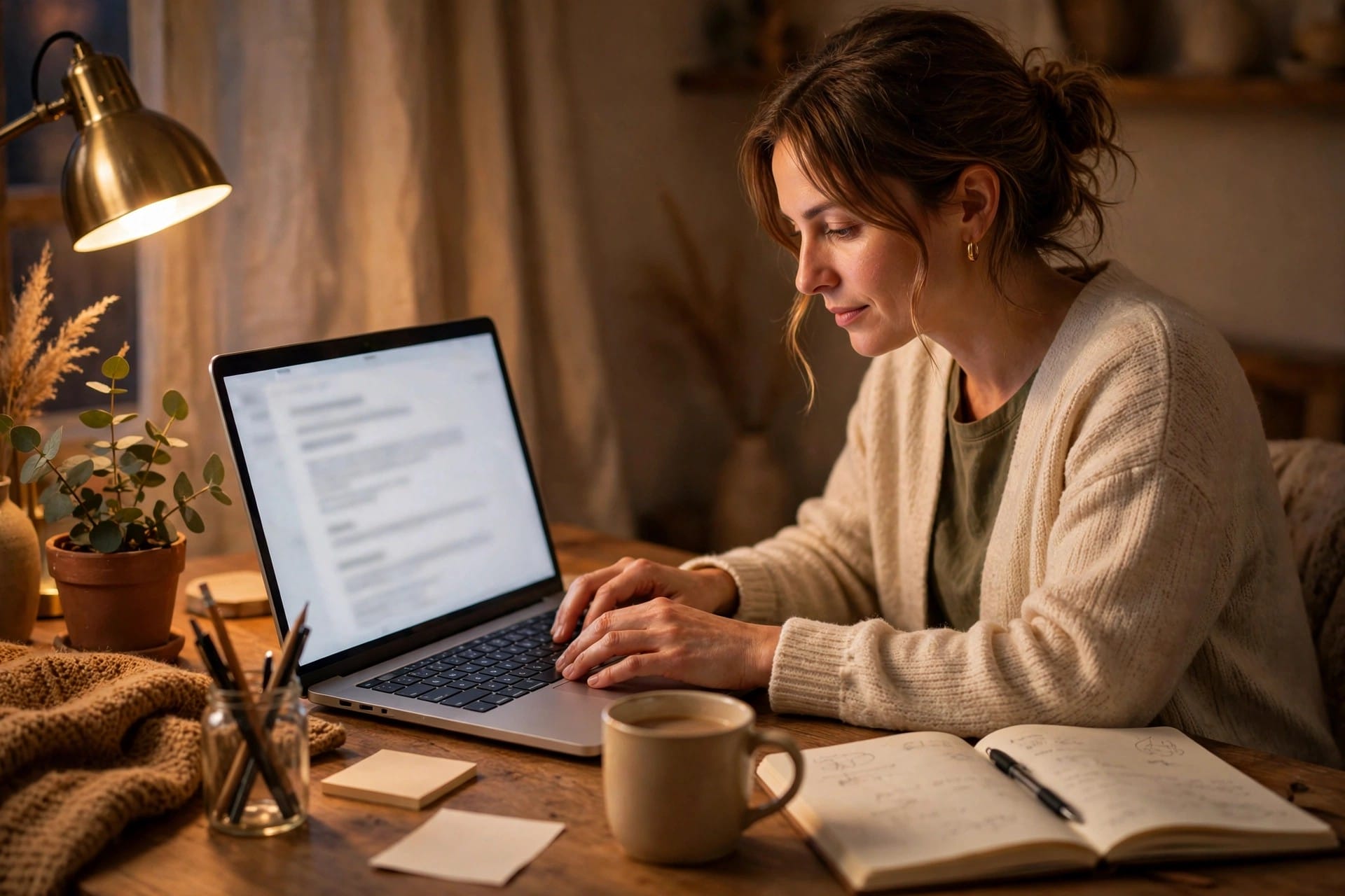 Woman writing instructions for a custom AI assistant on a laptop with a notebook beside her
