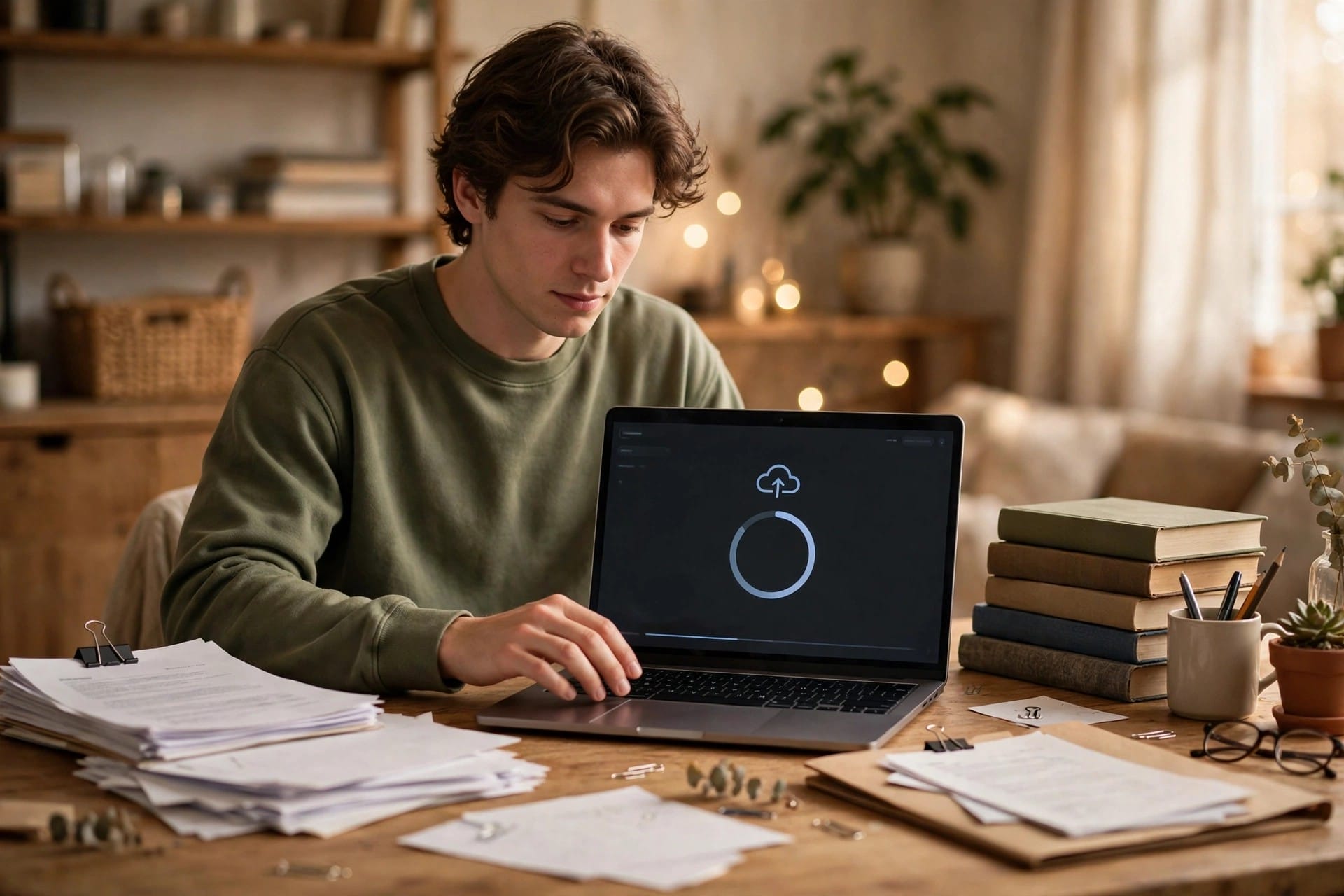 Man uploading documents to a custom AI assistant on a laptop with books and files on the desk