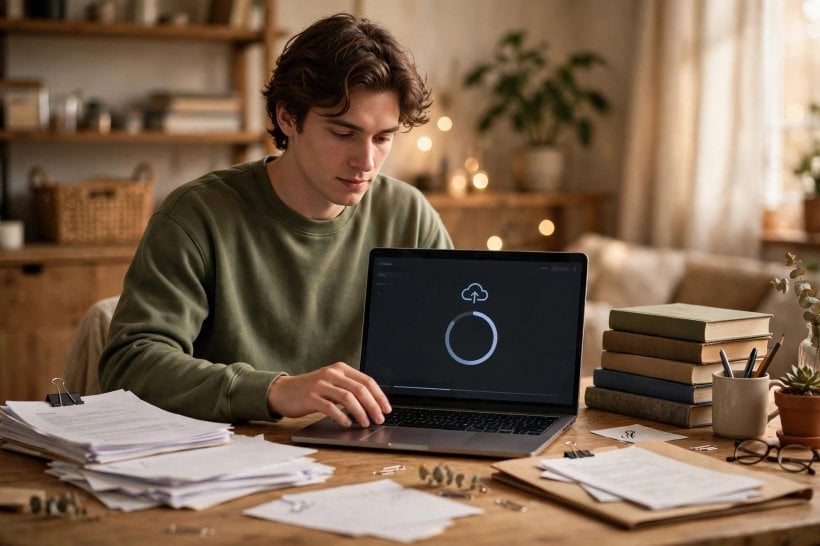 Man uploading documents to a custom AI assistant on a laptop with books and files on the desk