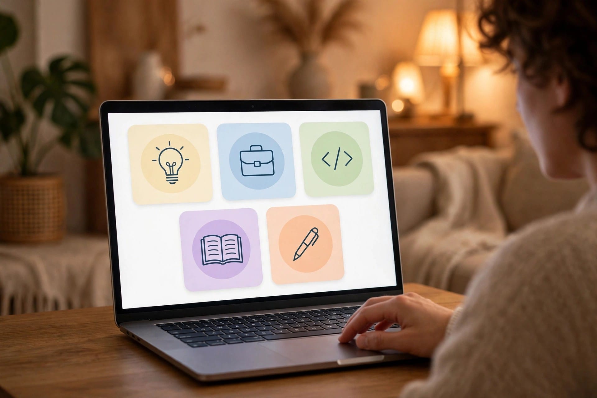 Laptop showing five ready-made AI assistant cards for brainstorming, career, coding, learning and writing