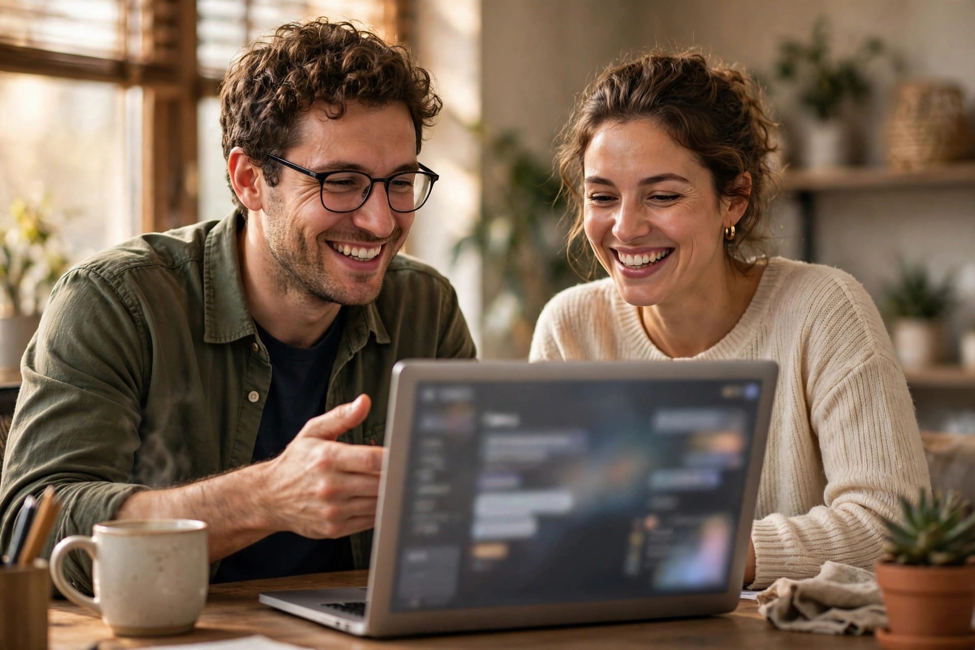 Two people smiling at a laptop while sharing a custom AI assistant