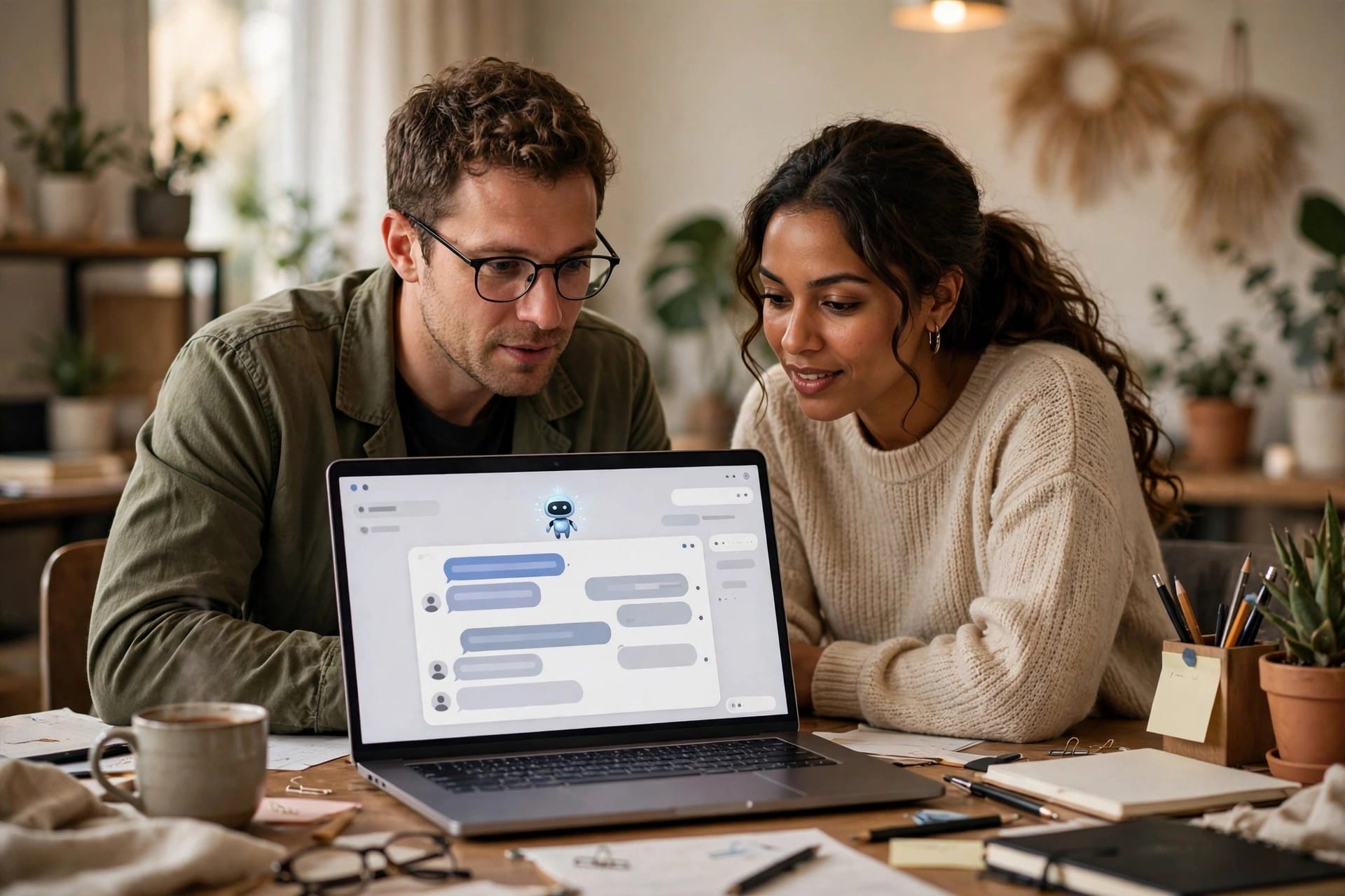 Two colleagues sharing a custom AI assistant chat on a laptop screen