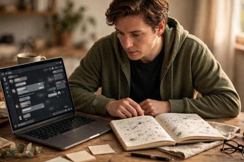 Man comparing a custom AI assistant chat on a laptop with a paper research notebook