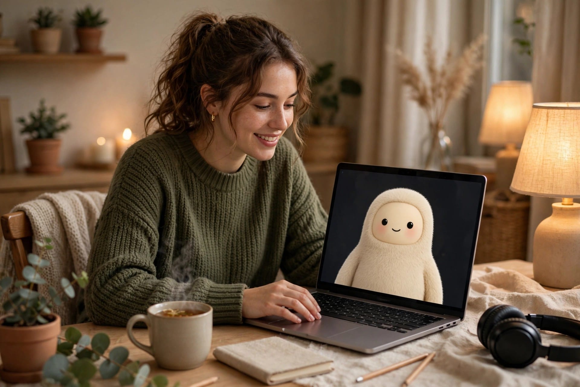 Woman smiling at a laptop showing a friendly custom AI assistant character