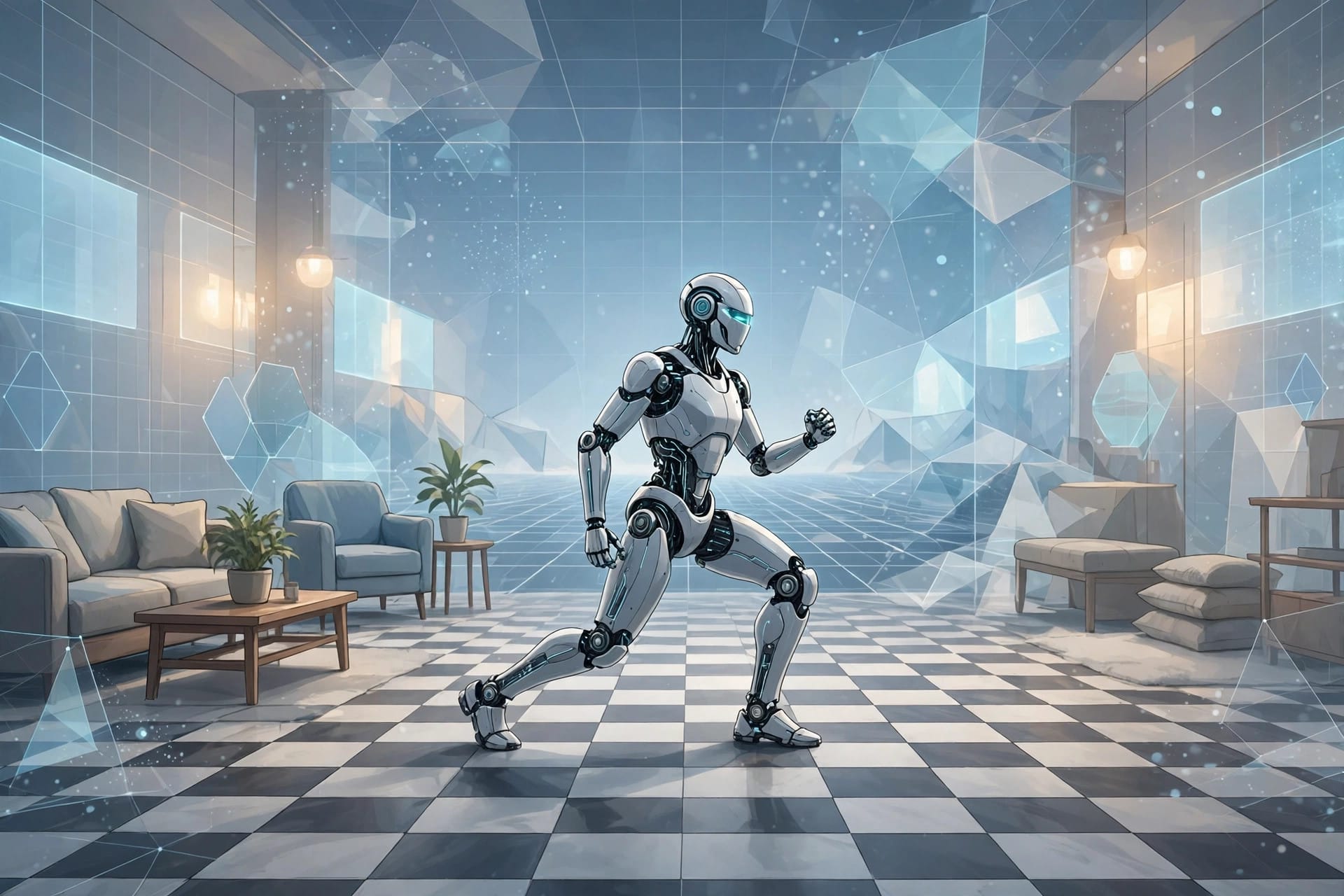 A humanoid robot moving inside a simulated room