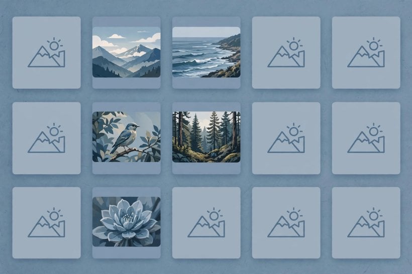 An image search results grid with sharp photo thumbnails beside grey placeholder tiles — illustrating JPEG XL absence from Google Images and Discover